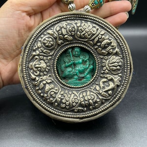 Unique Design Necklace With A Large Old Tibetan Pendant Inside Green Mahakala & Tibetan Symbols Outside, Turquoise,Tibetan Beads Necklace