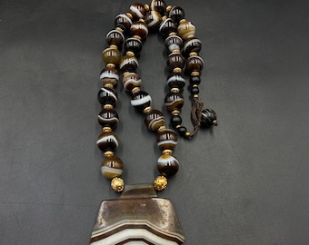 Collier Ancien En Perles D'agate Véritable - Style Vintage - Occasion