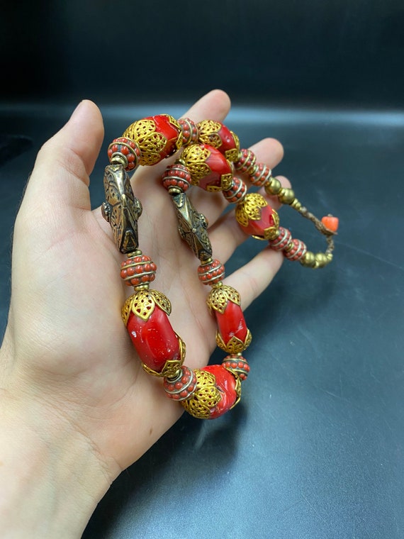 Beautiful Tibetan Coral Necklace & Gold Plated Br… - image 3