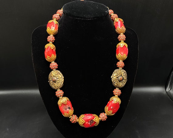 Beautiful Tibetan Coral Necklace & Gold Plated Br… - image 1