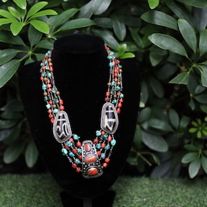 Original Tibetan Eye Beads Necklace With Silver And Natural Turquoise,Coral, And Mix Stones