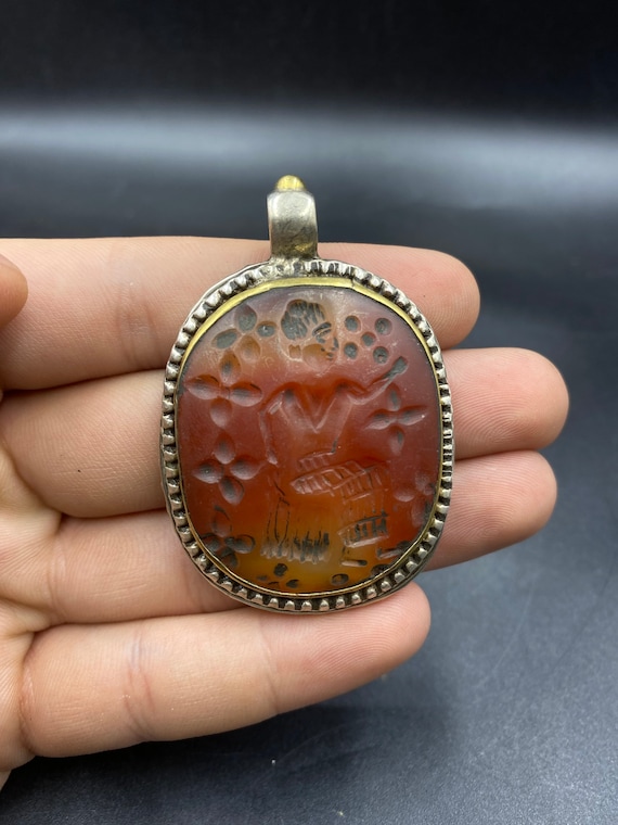 Very Beautiful roman agate stamp silver pendent f… - image 1