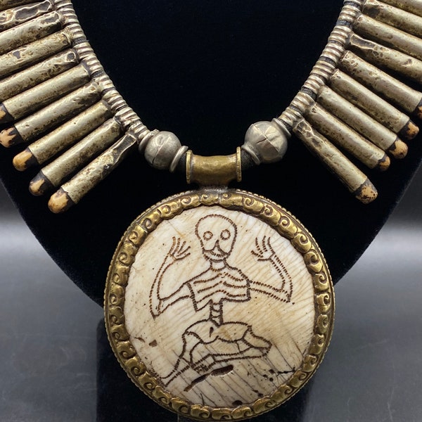 Unique Old Nagaland Necklace, Brass With Shell Skeleton Pendant, Low Silver Beads Necklace, Ethnic Jewelry