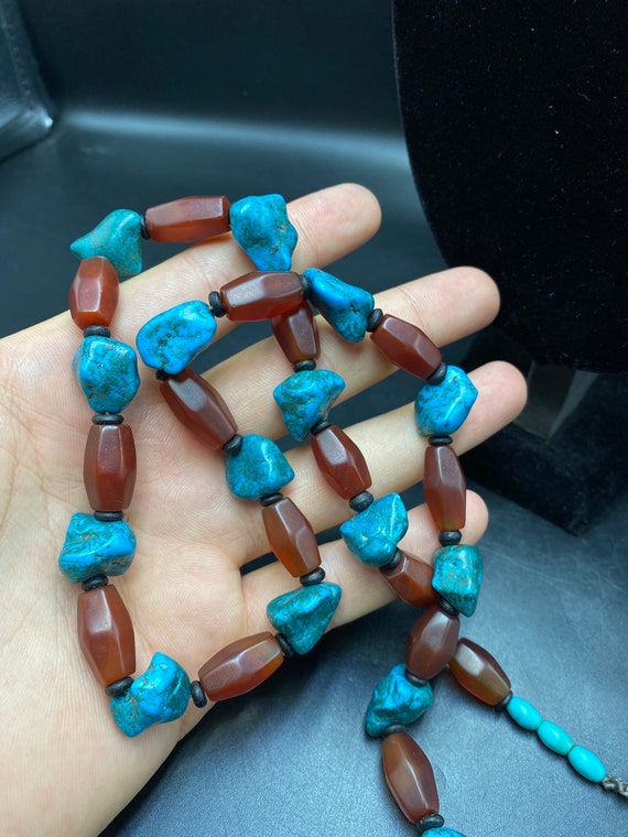 Beautiful Old Red agate necklace with natural blu… - image 3