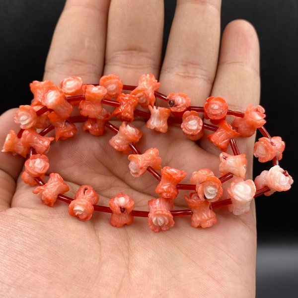 Vintage Top Quality Natural Real Salmon Red Pink Coral Handcrafted Carved Rose Flower Beads Strand