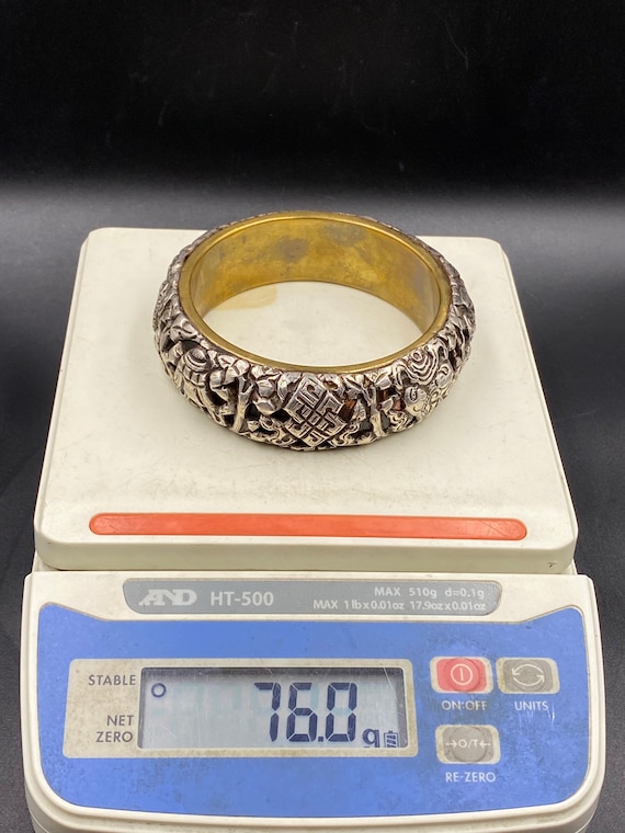 Tibetan Bangle, Symbols Bracelet, Brass With Sterling Silver