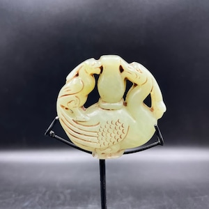 Old Mongolian Natural Jade Carved Phoenix  On Each Side Decoration