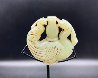 Old Mongolian Natural Jade Carved Phoenix on Each Side Decoration