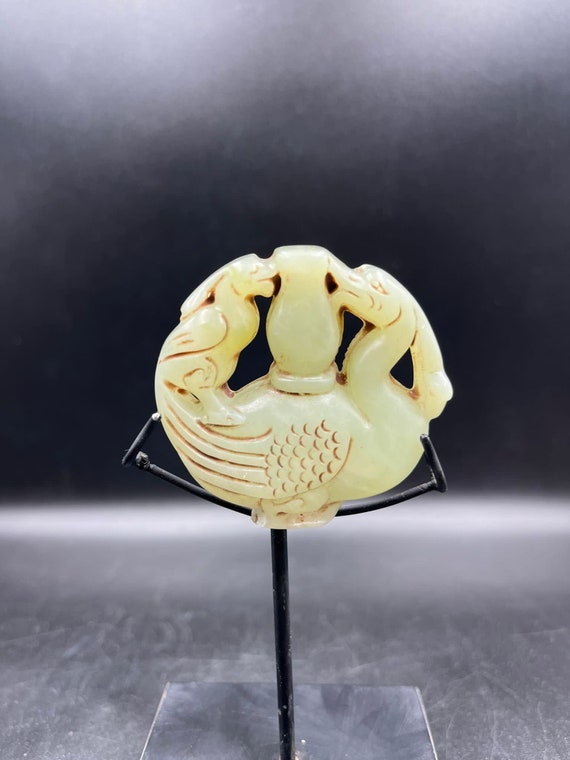 Old Mongolian Natural Jade Carved Phoenix on Each Side Decoration
