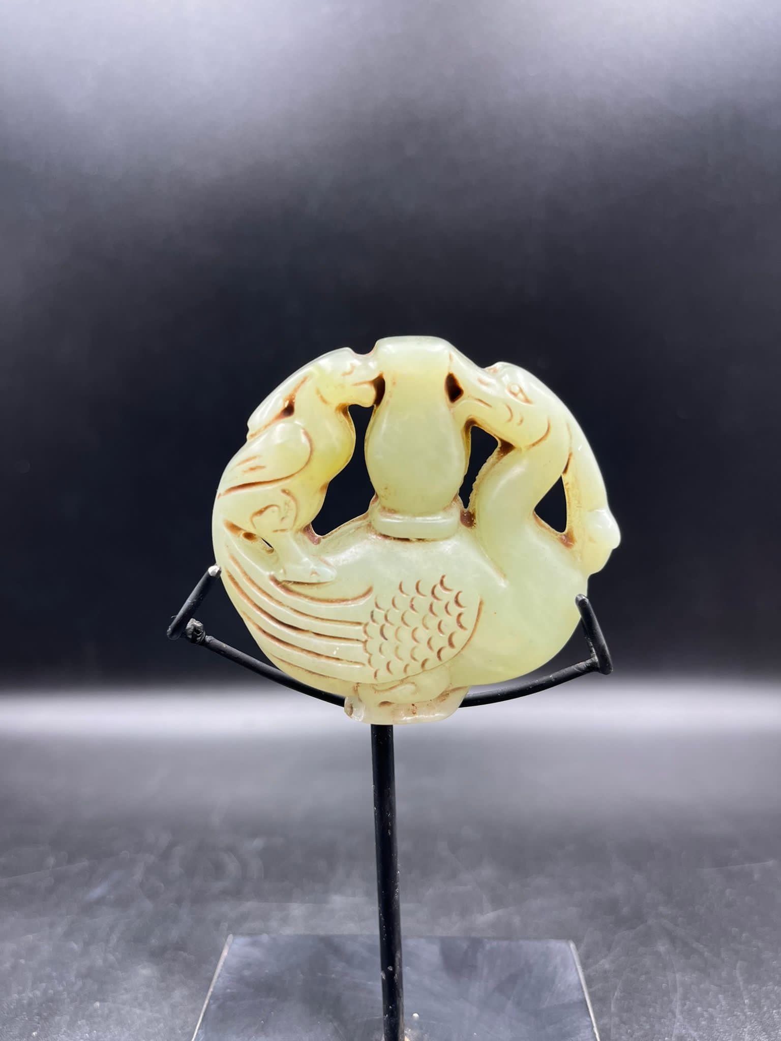 Old Mongolian Natural Jade Carved Phoenix on Each Side Decoration