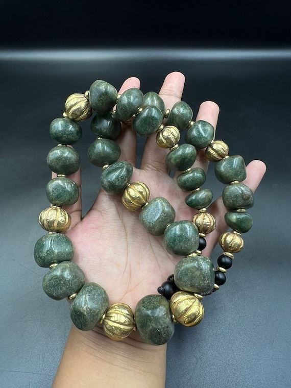 Beautiful Old Natural Jade Ball Necklace With Gol… - image 3