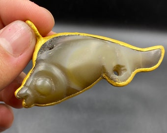 Antique Jade Fish Pendant, Gold Plated