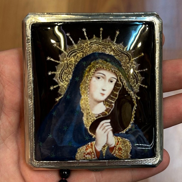 Vintage Russian Rostov Finift Silver Filigree Trinket Pill Box Enamel God mother image and Gold plated