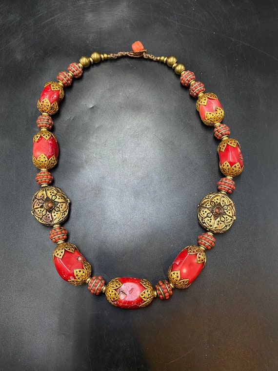 Beautiful Tibetan Coral Necklace & Gold Plated Br… - image 7