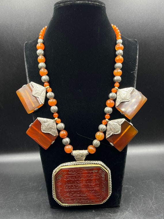 Collier Chaîne Et Pendentif égyptien Vintage - Agate Et Cornaline, Argent - Occasion Bon état