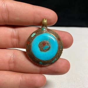 Beautiful Small Tibetan Brass With Turquoise & Coral Pendant