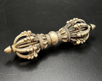 Antique Tibetan Dorje: Silver Gilded Bronze Vajra, Handmade
