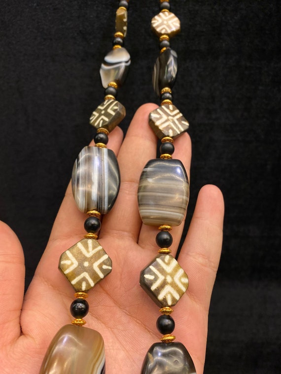 Pyu Agate Pumtek Necklace, Gold Plated Brass, Old… - image 4