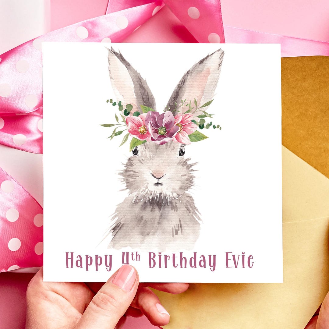 Personalised Rabbit Birthday Card, Floral Crown, Custom Name - Etsy UK