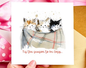 May include: A square greeting card featuring three kittens nestled under a plaid blanket. The kittens have orange, white, and black fur. The card has the text "Tis the season to be Cozy..." in red script, with gold stars.