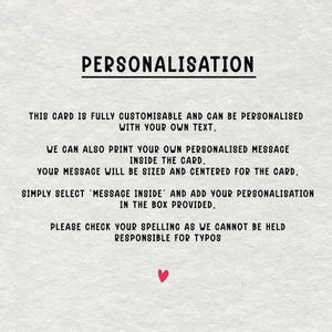 May include: A cream-colored card with the word "PERSONALISATION" in black capital letters. The card text explains how to customize the card with a personalized message, including a red heart at the bottom.