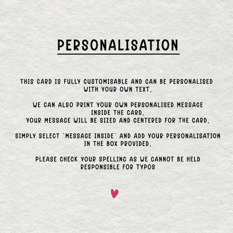 May include: A cream-colored card with the word "PERSONALISATION" in black capital letters. The card text explains how to customize the card with a personalized message, including a red heart at the bottom.