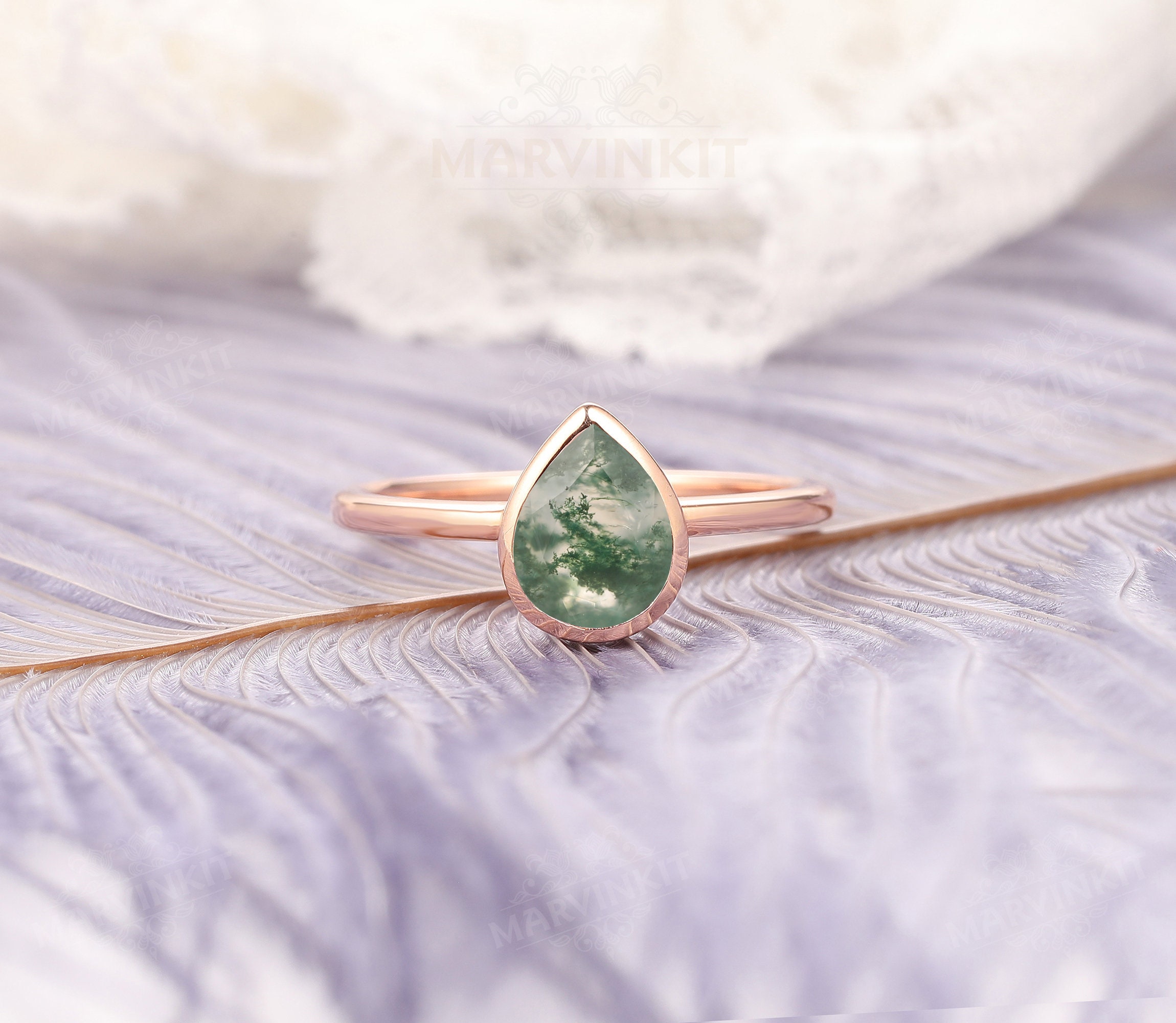 Natural Moss Agate Engagement Ring Bezel Wedding Ring Pear | Etsy