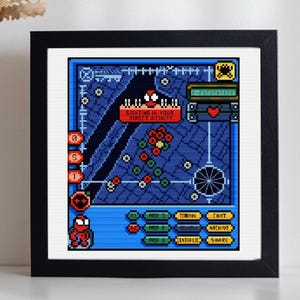 Può includere: Un ricamo a punto croce incorniciato che presenta un'interfaccia di videogioco in pixel art. Lo schermo blu mostra una mappa con punti rossi e verdi, un'icona a forma di cuore e il testo SIGHTING IN YOUR DIRECT VICINITY. Sono visibili i pulsanti CHAT, ARCHIVE e SHARE.