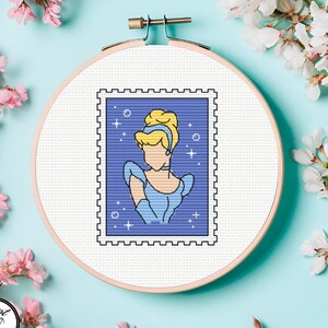 Cinderella post stamp - PDF cross stitch pattern instant download disney princess small embroidery chart, magic fairytale fantasy wall decor