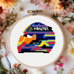 May include: A cross-stitch embroidery hoop featuring a pixelated design of a bird's head in blue, orange, yellow, and red. The word "OSCAR" is stitched below the bird. The hoop is surrounded by colorful flowers.