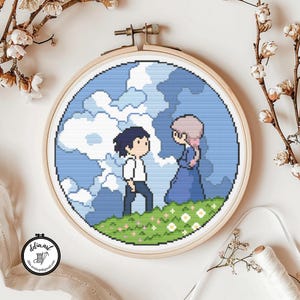 May include: Cross stitch pattern featuring a couple standing in a field of flowers with a blue sky and white clouds in the background.