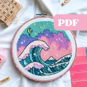 The Great Wave off Kanagawa - PDF pattern cross stitch, wall decor alternative embroidery hoop pastel colors/kawaii/vaporwave japanese style