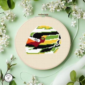 Può includere: Un telaio da ricamo a punto croce con un design di casco da corsa colorato. Il casco è reso in uno stile pixelato con accenti neri, verdi, gialli e rossi. Il telaio è posto su uno sfondo verde chiaro con fiori bianchi.
