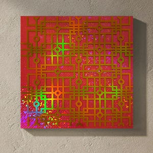 Epoxy Resin Wall Art Holographic Collage - Bashar's Sacred Circuits, Metallic, Spiritual Symbolism for Meditation, Hard Edge, Warm Color