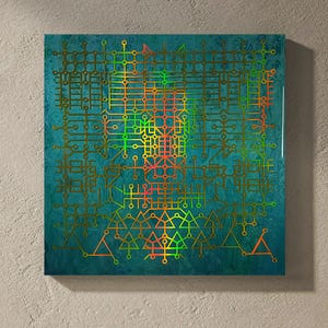 Harz-Wandkunst - Bashars heilige Kreise überlagert und verbunden - spirituelle Symbolik, Goldregenbogen holografisches Statement-Stück