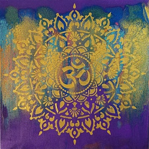 Gold Acrylic OM Mandala Canvas Painting. Unique Spiritual Wall Art Gift for Friend or Yoga Room Home Decor. Best For Meditation Boho Style