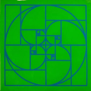 Neon Blue Sacred Geometry Resin Art: Golden Ratio on Green Wood Panel