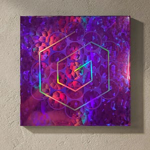 Holographic Resin Artwork: Bashar Diagram, 12"x12" Visual Medicine Spiritual Meditation Art - Warm Color Palette