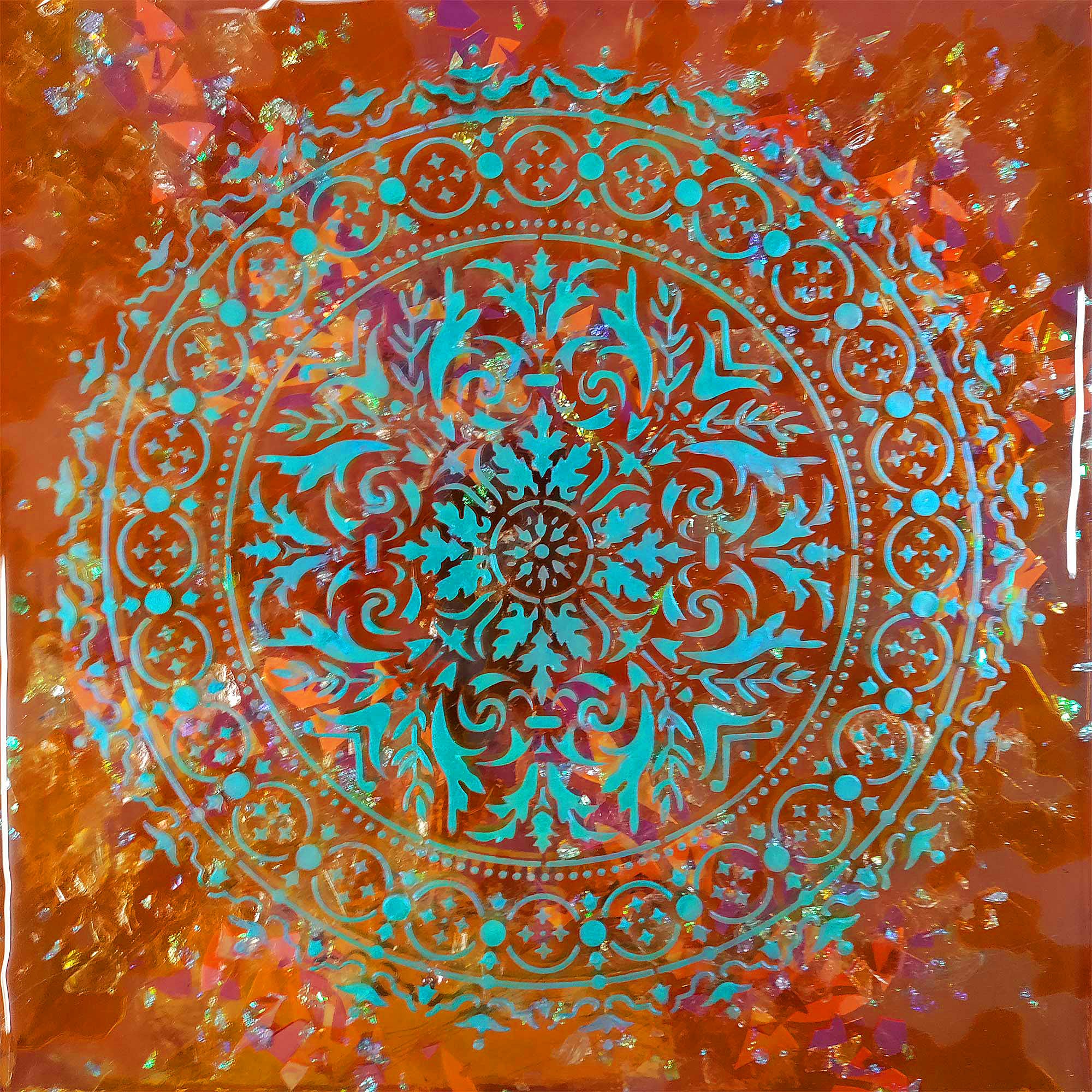 Resin Mandala Wall Art on Wood Panel - Metallic Aqua Design on