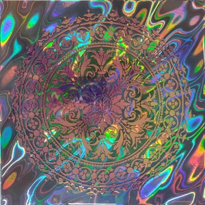12&quot;x12&quot; Unique Epoxy Resin Art Mandala College on Wood - Gold Color Design on Rainbow Holographic. Spiritual Home Decor for Meditation Room.