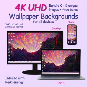 May include: A digital illustration of a colorful sunset over a mountain range. The image is displayed on a desktop computer, laptop, and smartphone. The text "4K UHD Wallpaper Backgrounds for all devices" is displayed at the top of the image. The text "Bundle C - 5 unique images + free bonus" is also displayed at the top of the image. The text "Infused with Reiki energy" is displayed at the bottom of the image.