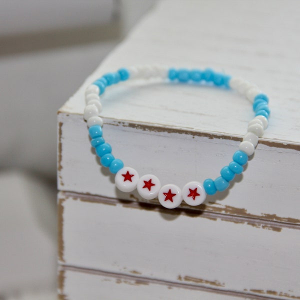 Chicago Flag Bracelet,  City of Chicago Flag Bracelet, Chicago Stretch Beaded Bracelet, Star Beaded Bracelet