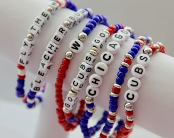 Chicago Cubs Bracelet, Chicago Beaded Bracelet, Cubs Elastic Beaded Bracelet, MLB Inspired Bracelet, Customizable Bracelet