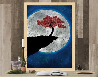 Cherry Blossom In The Moonlight Wall Print - Home Decor, Wall Art, Kitchen Print