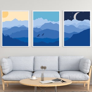 Set of 3 Sun, Noon, Moon Blue Mountains Wall Print - Home Decor, Wall Art, Kitchen Print, Mountain Poster, Mid century, Scandinavian Art