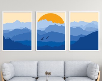 Set von 3 Sonnenaufgang blue Mountains Wanddruck - Home Decor, Wandkunst, Küche Druck, Berg Poster, Mitte des Jahrhunderts, skandinavische Kunst