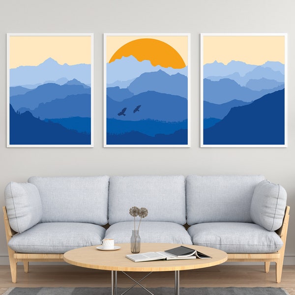 Set of 3 Sunrise Blue Mountains Wall Print - Home Decor, Wall Art, Kitchen Print, Mountain Poster, Mid century, Scandinavian Art