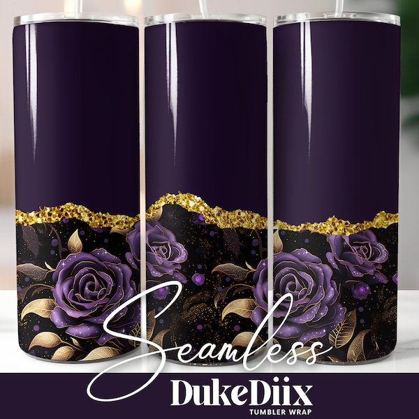Purple Roses Glitter Tumbler Wrap Seamless Sublimation Design 20oz Skinny Tumbler Straight/Tapered PNG File Digital Download