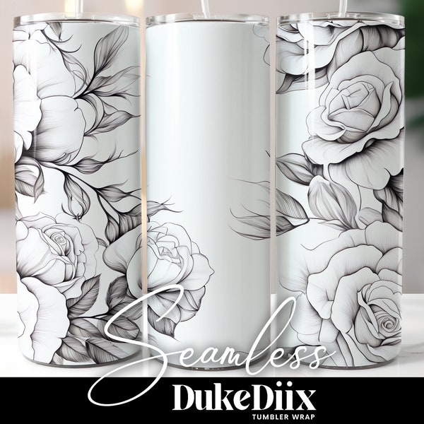 Roses noires et blanches Tumbler Wrap Seamless Sublimation Design 20oz Skinny Tumbler Straight/Conique PNG Fichier Téléchargement numérique