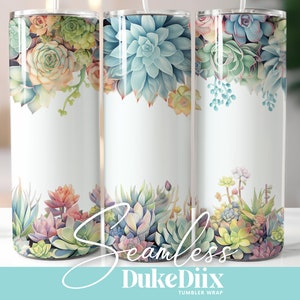 Puede incluir: Tres vasos de acero inoxidable con fondo blanco y un diseño de suculentas coloridas. El diseño presenta una variedad de suculentas en tonos de verde, rosa y azul. Los vasos son perfectos para agregar un toque de naturaleza a la decoración de tu hogar.